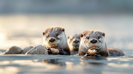 Fototapeta premium Playful otters enjoying tasty shellfish, surrounded by calm waters and smooth stones, capturing a moment of joyful companionship in their natural habitat.