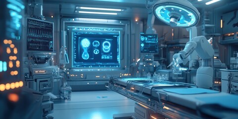 Futuristic Operating Room with Robotic Arm and Medical Equipment
