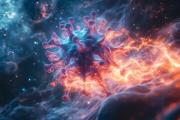 Fototapeta premium A close-up view of a virus, revealing intricate details of its structure. The image captures the complexity and unique patterns of the virus, offering a glimpse into the microscopic world.