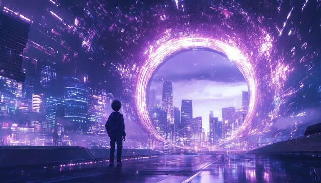 silhouette of a boy with a time tunnel, a boy in a parallel world, a time traveler