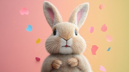 Obraz premium Adorable Fluffy Bunny with Colorful Petals on Gradient Background