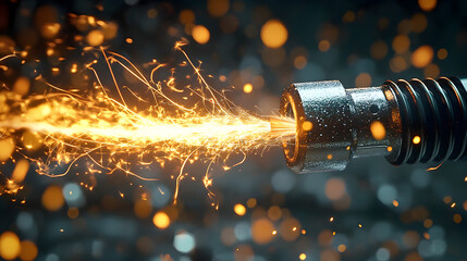 Detailed illustration of electric plug and wire, sparks of current, digital realism 3DCG,high resulution