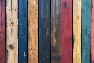 close up of abstract wall made of color wooden planks. timber texture in vertical planks pattern. rustic style wallpaper , ai