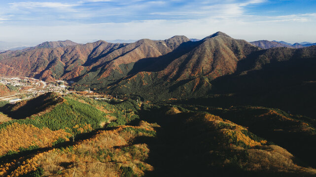 Fall in Nikko: Aerial Panorama of Colorful Mountains and Town