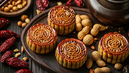 Fototapeta premium Traditional Chinese Mooncakes with Intricate Patterns and Decorative Lines, Surrounded by Red Dates, Lotus Seeds, Peanuts, and Walnuts on a Detailed Table Setting, High-Resolution Advertising Photogra