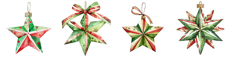 Watercolor Christmas Star Ornaments Isolated on White Background, christmas ornament ,  watercolor christmas ,  christmas star , holiday decorations