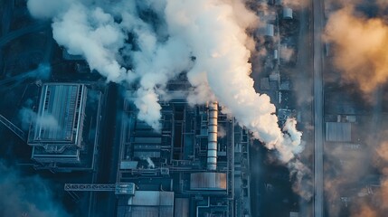 Aerial view of a power plant with dramatic smoke effects and metallic structures