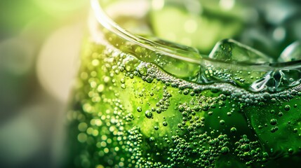 A close-up view of green soda with bubbles, emphasizing its fizzy and refreshing appeal