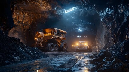 Wide shot of a mining operation with heavy machinery under dramatic lighting