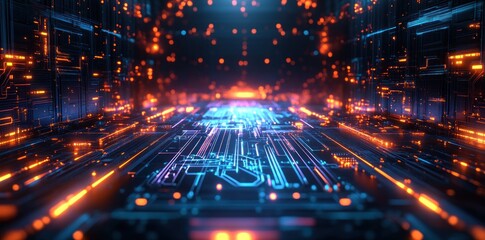 Abstract Futuristic Digital Circuitry with Glowing Lines and Lights