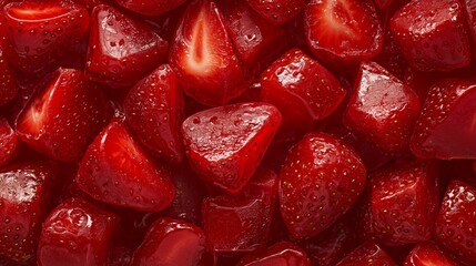 A zoomed-in view of strawberry candy pieces, showcasing their bright red color and smooth surface, emphasizing their sweetness and appeal