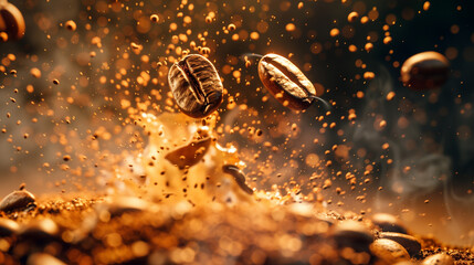 Fototapeta premium Coffee bean flying in the air explosion splash.