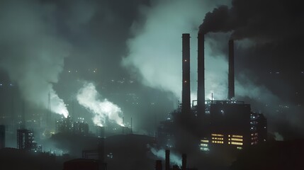 Wide shot of a power plant with smoke and backlit machinery in a high-contrast scene
