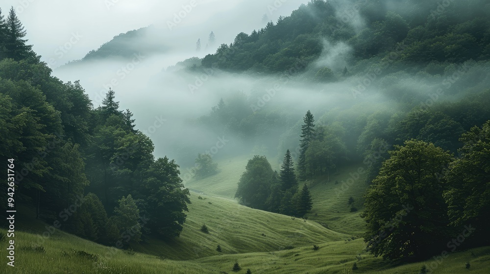 Poster A green hillside with a foggy forest. Generative AI.