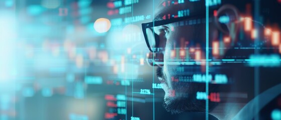 Fototapeta premium Focused trader analyzing financial data, digital stock market trends visible on screen, reflective glasses highlighting concentration and strategic decision-making.