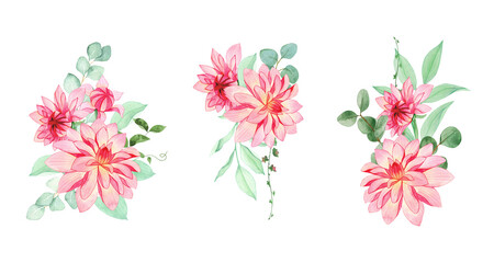 Watercolor set of bouquet with dahlias, green foliage and eucalyptus branches