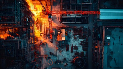 Obraz premium Aerial view of a construction site with cranes and metallic equipment under high-contrast lighting