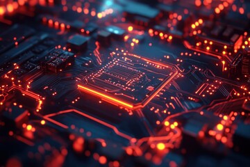 Obraz premium Red-Lit Circuit Board with Central Processing Unit
