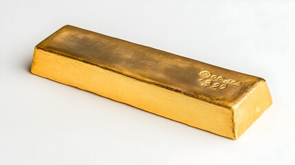 Closeup image of a solid gold bar or ingot with engraved details of its weight and purity photographed against a plain white studio background  The shiny precious metal object represents wealth