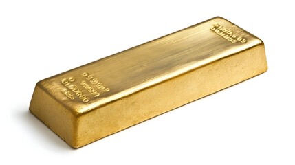 Closeup of a shiny gold bar with engraved details of weight and purity isolated on a clean white background  This image represents the concept of finance investment and wealth