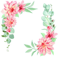 Watercolor frame-corner with dahlias, green foliage and eucalyptus branches