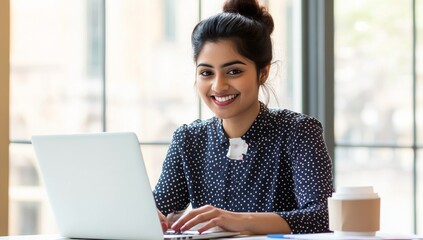 Smiling Woman Typing on Laptop in Bright Office with Large Windows and Natural Light, Wearing Polka Dot Outfit and Dark Hair Tied Back, Sitting with Coffee Cup Beside Her, Modern Work or Study Environ