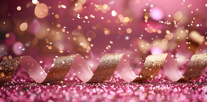 Glamorous Christmas border with glitter shocking pink background, showcasing golden ribbons and sparkling confetti for a festive touch. Generative AI.