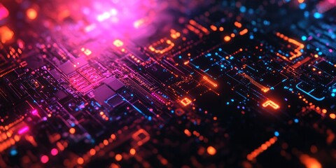 Fototapeta premium Abstract Circuit Board with Neon Lights and Glow