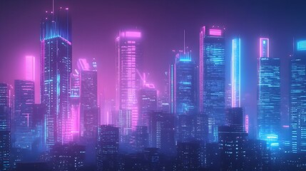 Naklejka premium Futuristic neon lit skyscrapers reaching towards the sky in a bustling metropolis city skyline with towering high rise buildings vibrant LED lights and a dynamic urban landscape in the background