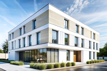 Fototapeta premium Modern Office Building with White Walls and Large Windows.