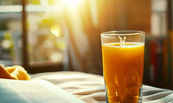 Sunny reading nook with a glass of orange juice and an open book