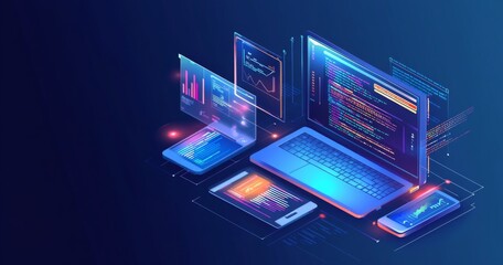 Isometric Digital Illustration of Web Development and App Creation with Devices, Code, Graphs, and Data Visualizations on Dark Blue Gradient Background