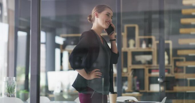 Phone call, glass window and business woman laughing, talking and discussion with funny corporate contact. Consultation service, humour and manager smile, conversation and listening to cellphone joke