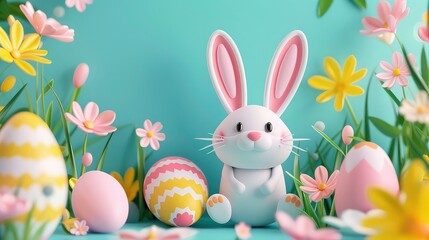 Obraz premium A cute white bunny rabbit with pink ears sitting among colorful Easter eggs and flowers on a blue background.