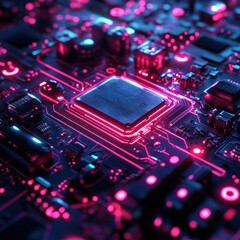 A close-up view of a computer circuit board with glowing pink lines and a central processor chip