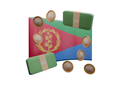 3D render illustration of Eritrea flag and currency called Nakfa