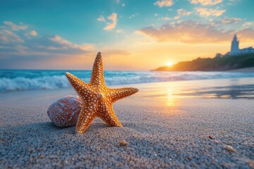 Fototapeta na wymiar Starfish on golden sand at sunset with blurred sea background