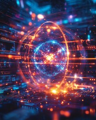 Obraz premium A vibrant illustration of a digital cosmic sphere surrounded by glowing particles and lines, representing technological advancements.