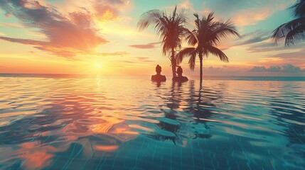 Luxury Hotel Beach Holiday for Couples: Banner Background with Copyspace, Man and Woman Relaxing Near Swimming Pool at Sunset