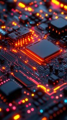 Obraz premium Close-up of a Glowing Circuit Board with a Processor Chip