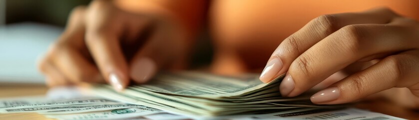 A woman counts cash, illustrating financial transactions and budgeting in a close-up view, emphasizing money management and spending.