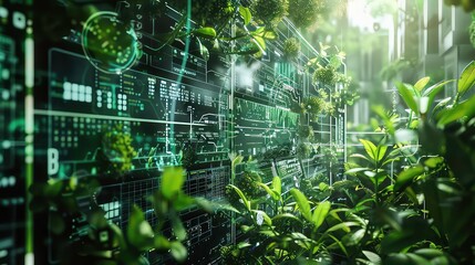 Lush green plants growing over a digital interface with glowing lines and shapes.