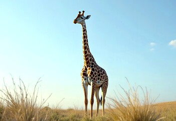 Obraz premium A tall giraffe with a long neck and spotted fur standing in a grassy field against a blue sky