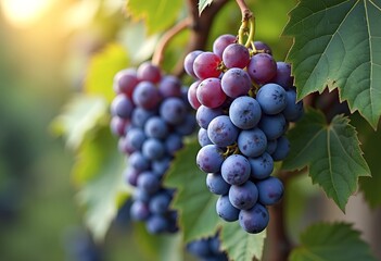 Clusters of ripe purple grapes hanging from a vine with green leaves in the background