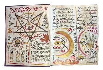 Hand drawn illustration of decorated old pages with mystic symbols from witch magic spell book. Gothic, occult and esoteric background. Only fantasy letters, no foreign language