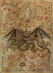 Hand drawn illustration of decorated old page with demon and mystic symbols from witch magic spell book. Gothic, occult and esoteric background. Only fantasy letters, no foreign language