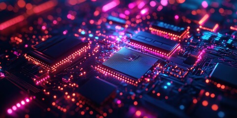 Close-up of a Circuit Board with Red and Blue LEDs