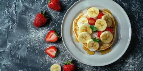 Vertical view of homemade pancakes with bananas strawberries and maple syrup on a white plate on a concrete table with space for text