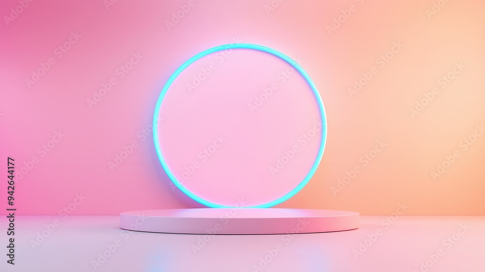 Poster Minimalist Neon Circle on Pastel Pink and Peach Background.