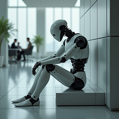Elegant Humanoid Robot in a Modern Office Lobby &ndash; Detailed Digital Art of a Futuristic Job Interview Scenario with Clean Design and Soft Ambient Light with Generative AI